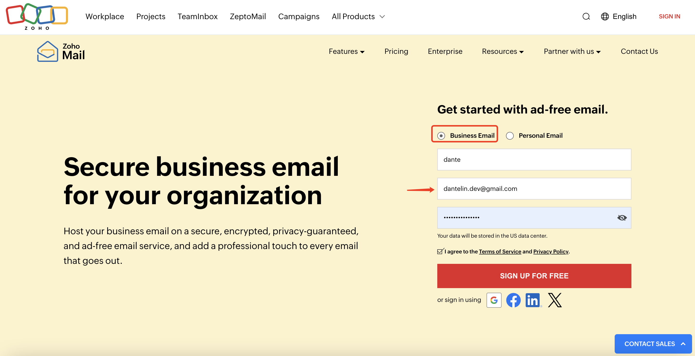 Zoho Registration Page