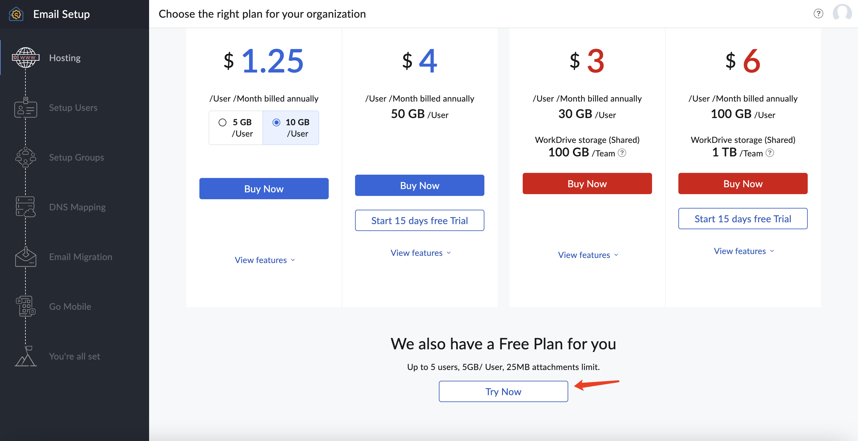 Free Plan Selection